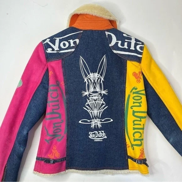 RARE Vintage Von Dutch Y2K Pink & Yellow Suede Blue Denim Faux Fur Bomber Jacket - Picture 12 of 16